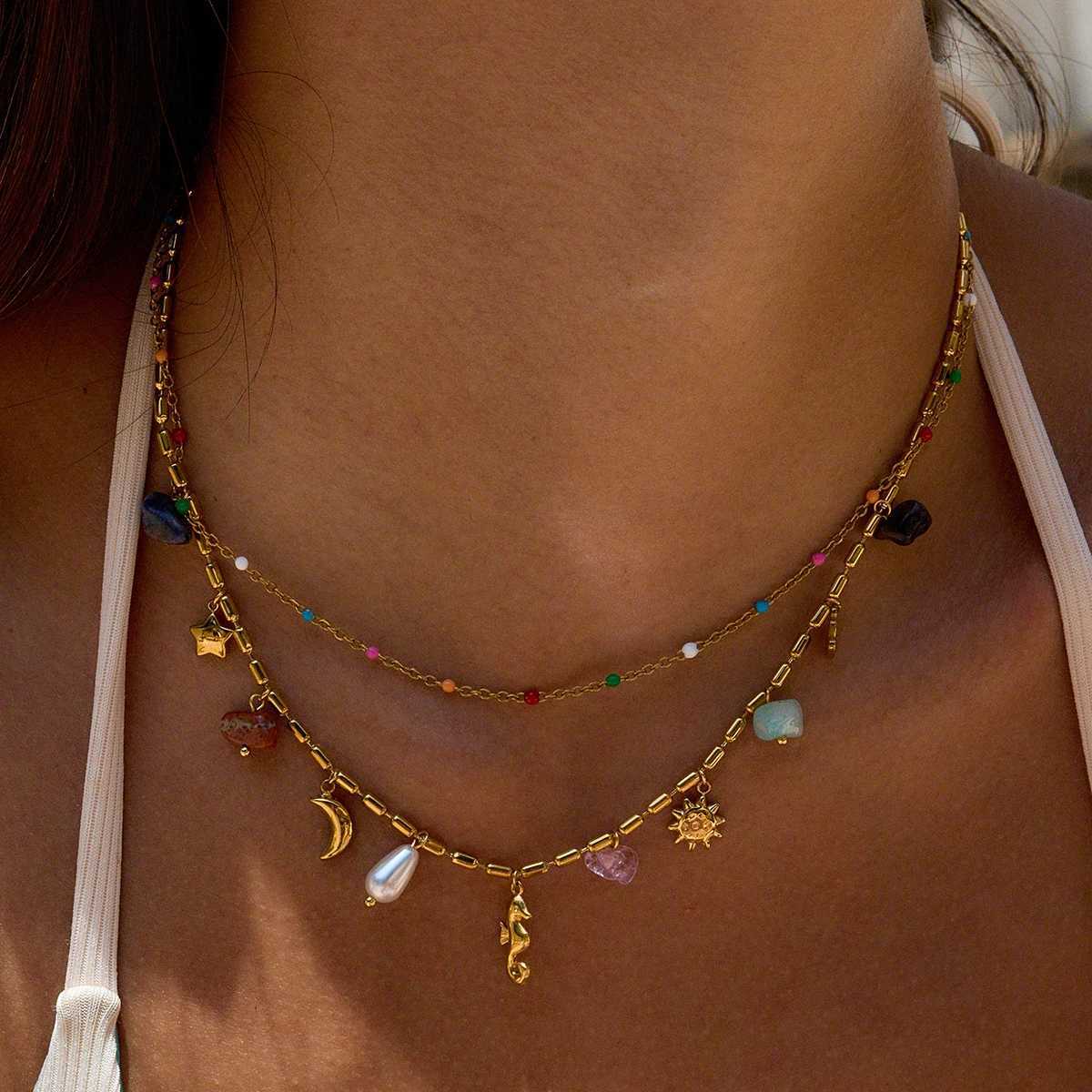 Uworld Fashion Vacation Style 18K Gold Color Plated Stainless Steel Natural Color Stone Pendant Necklace Stackable Double layerXJ251030