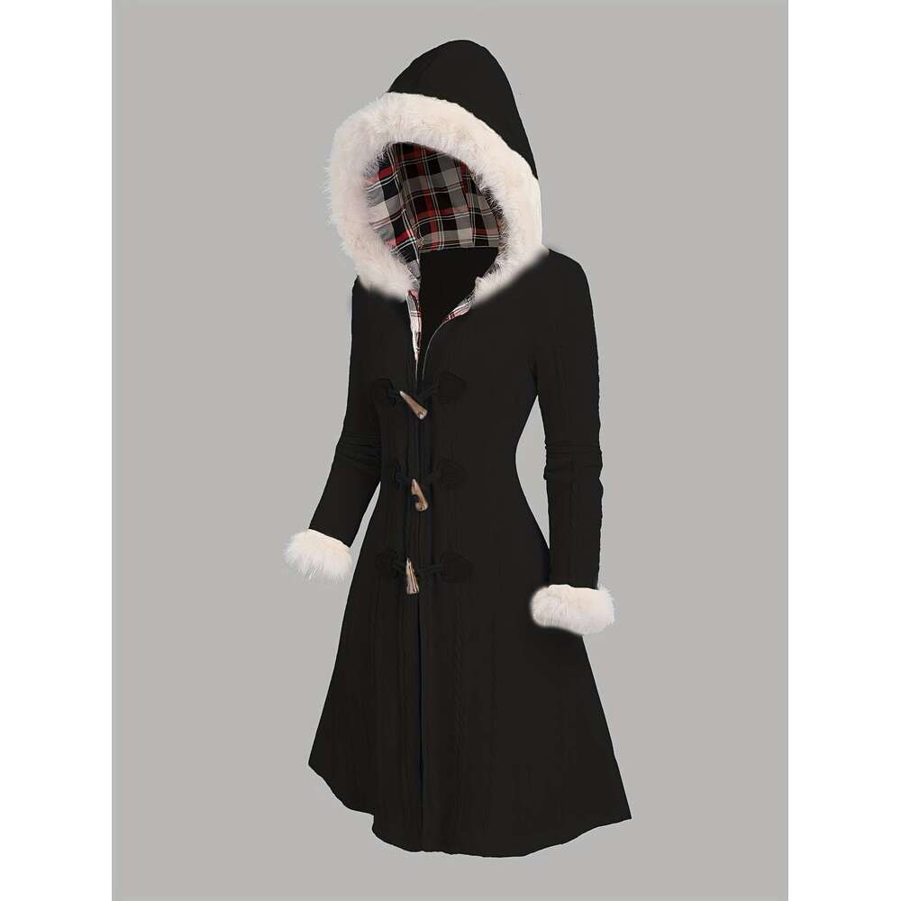 Y K Coat Y K Plaid Patchwork Hooded Coat Button Closure And Long Sleeves