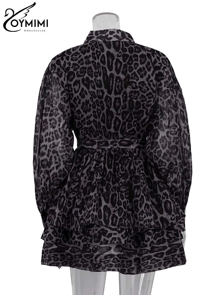 Oymimi Fashion Brown Leopard Print Womens Dress Elegant Long Sleeve Buton LaceUp Dresses Casual Cascading Ruffle Mini 251027