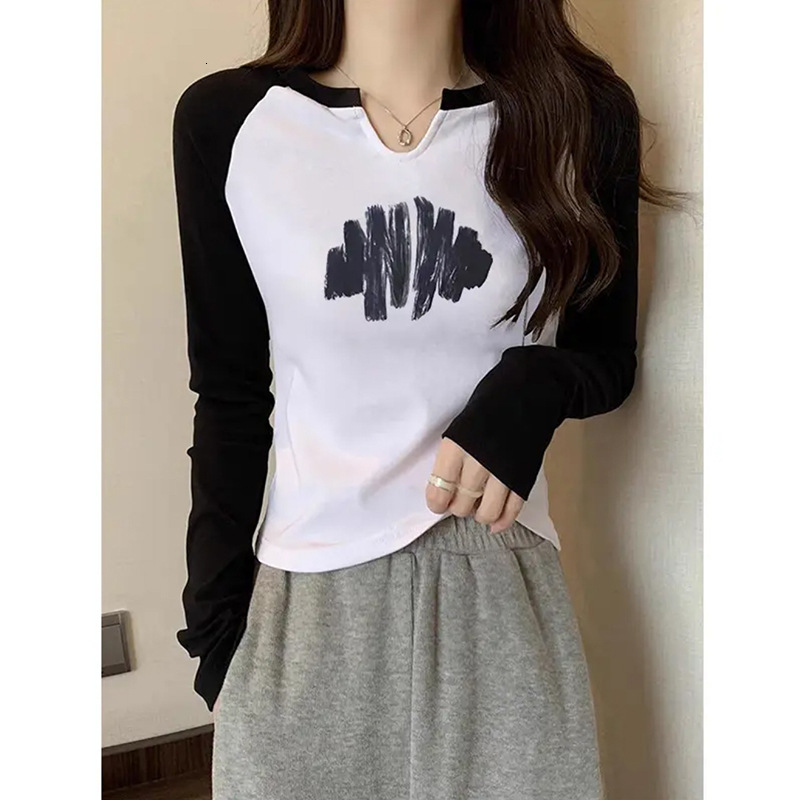 2025 Spring & Autumn Colorblock Raglan Sleeve American Retro Innerwear Base Layer T-Shirt Women's Print Slimming Top
