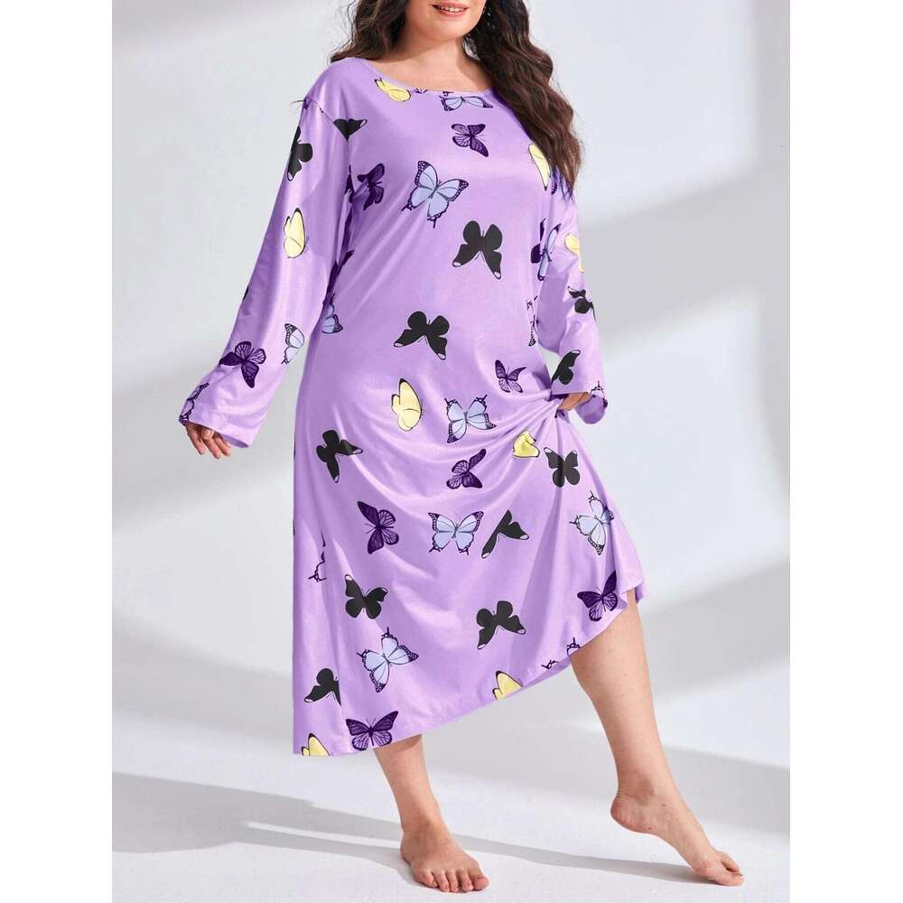 2025 Plus Size Women's Sleeve Butterfly Heart Leopard Print Off-Shoulder Long Nightdress Dress