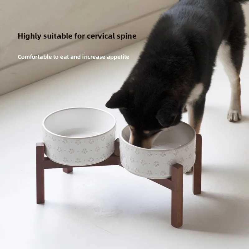 1800ml Big Dogs Bowl Double Ceramic Elevated Pet Food Water Feeders Small Medium Large Dog Feeding Supplies with Wooden Stand J251113