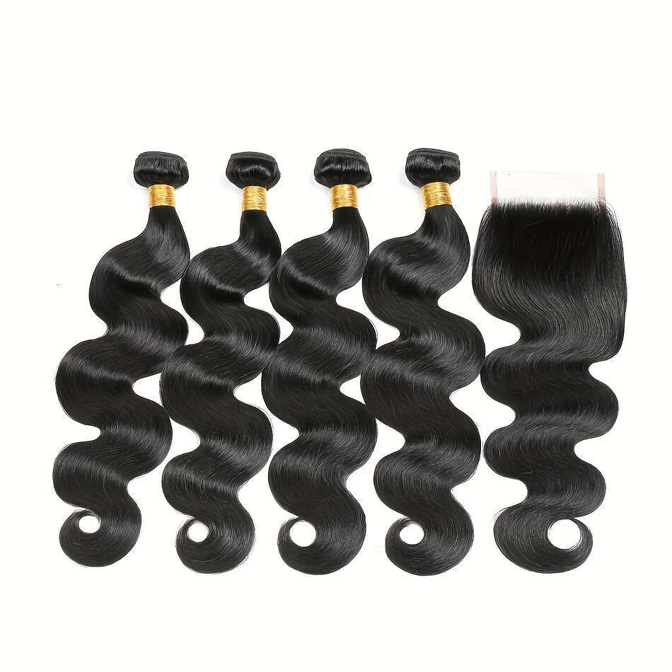 4 Bundles Brazilian Body Wave Virgin Human With 4X4 Free Part Closure - Natural Black, Unprocessed, HD Lace Transparent, Long Wavy Hair Extensions For