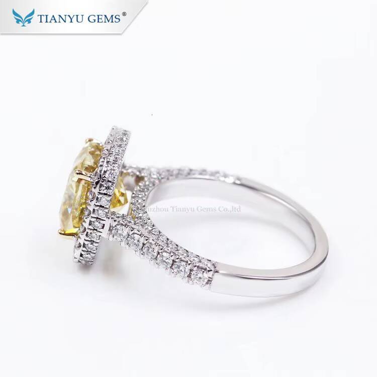 Tianyu Gems 8mm Cushion Crushed Ice Cut Vivid Yellow Moissanite halo Ring Women 18k 14k 10k White Gold Rings Customized Jewelry