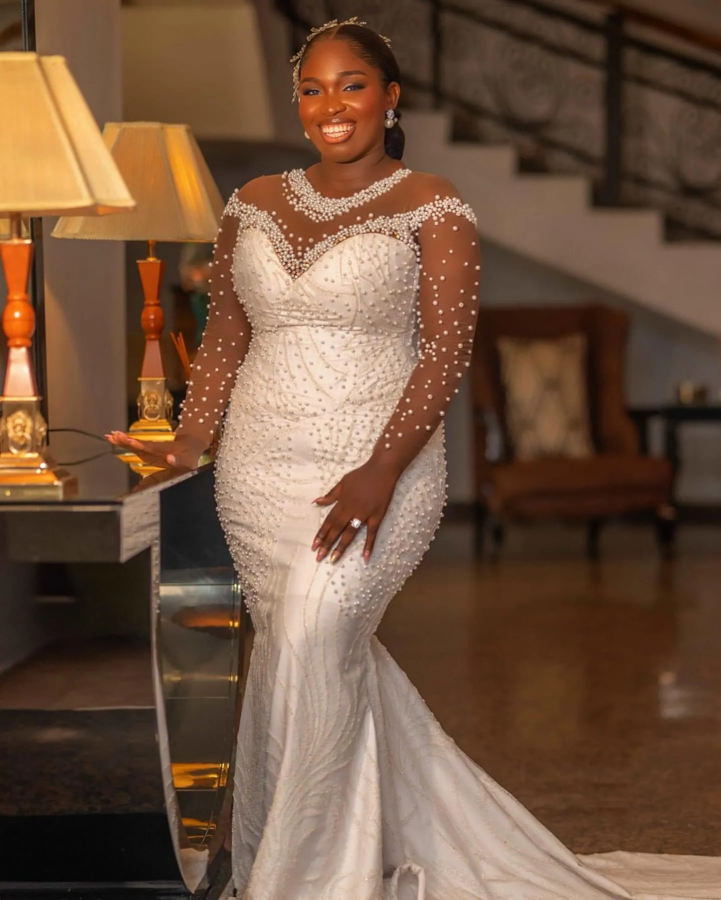 Ivory Mermaid Wedding Dresses Plus Size Lacefull Pearls Sheer Neck Vintage Bridal Gowns Dress Vestidos De Novia