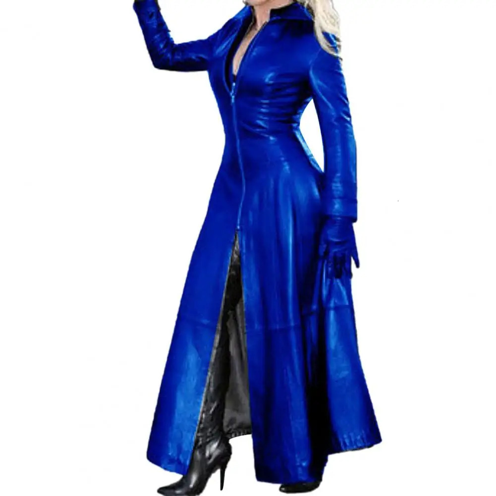 Loose Leather Jacket Trench Women Lapel Collar Zipper Cyberpunk Coat Tight Waist Split Hem Autumn Winter Long Jacket PU 251029