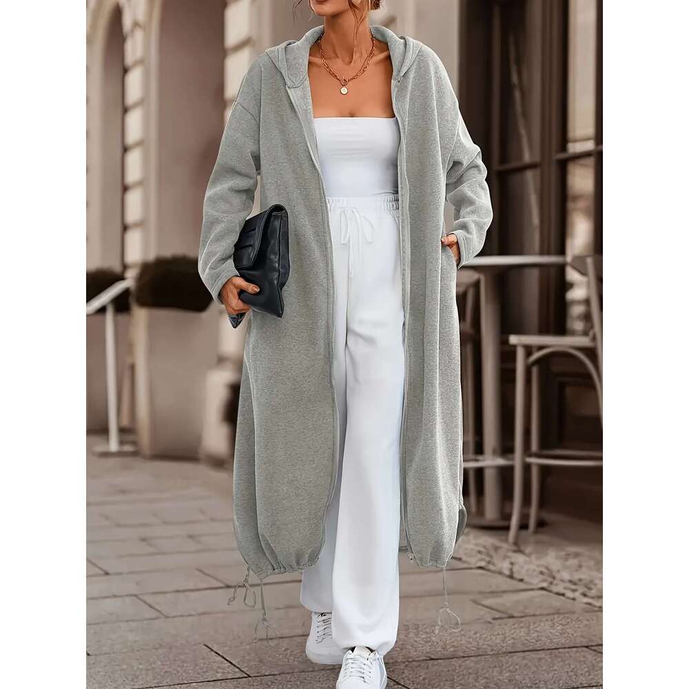 Women S Light Grey Oversized Full Zip Hooded Coat With Cursive Letter Back Print Mid Length Jacket Hine Washable Casual Outerwear Fall Layering