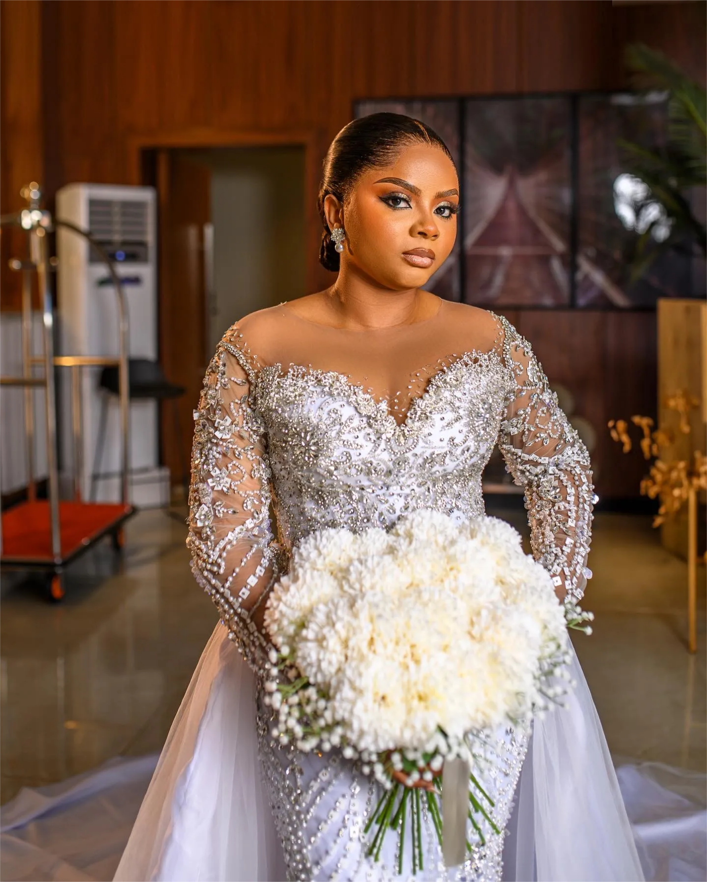 White Mermaid Wedding Dresses Plus Size Beaded Crystals Lace Detachable Train Bridal Gowns Dress