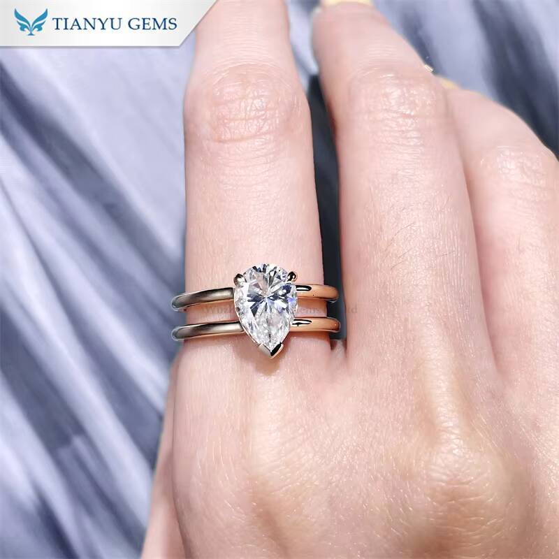 Tianyu Gems Moissanite Diamond 710mm Pear Cut 2carat 14k Yellow Gold Three Prongs Ring for Women Engagement