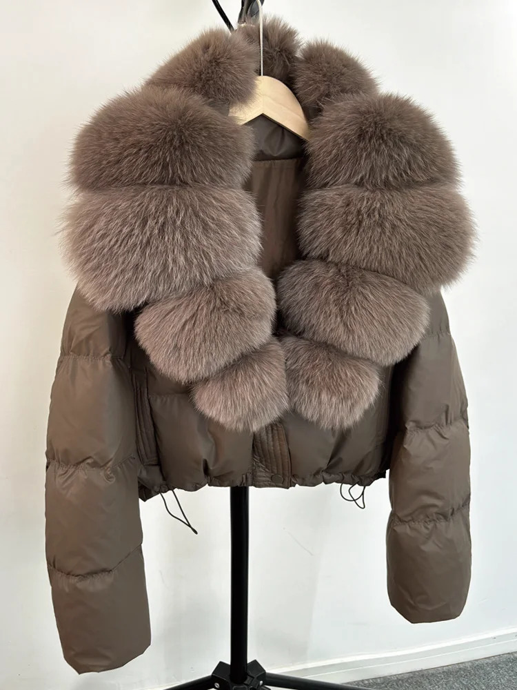 Janveny Large Natural Fox Fur Collar 90 White Duck Down Jacket Women Winter Short Waterproof PU Puffer Coat Female Thick Parkas 251023