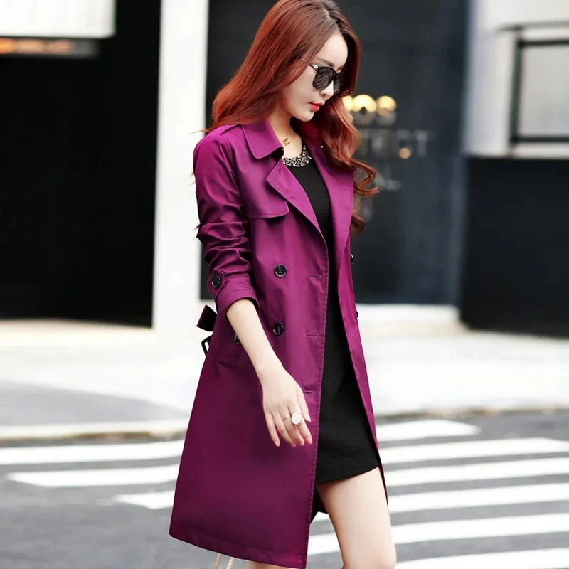 Purple Windbreaker Women MidLong Trench Coat 2025 Spring Korean Slim Waist British Casual Autumn Coat With Belt Outwear Top 251030