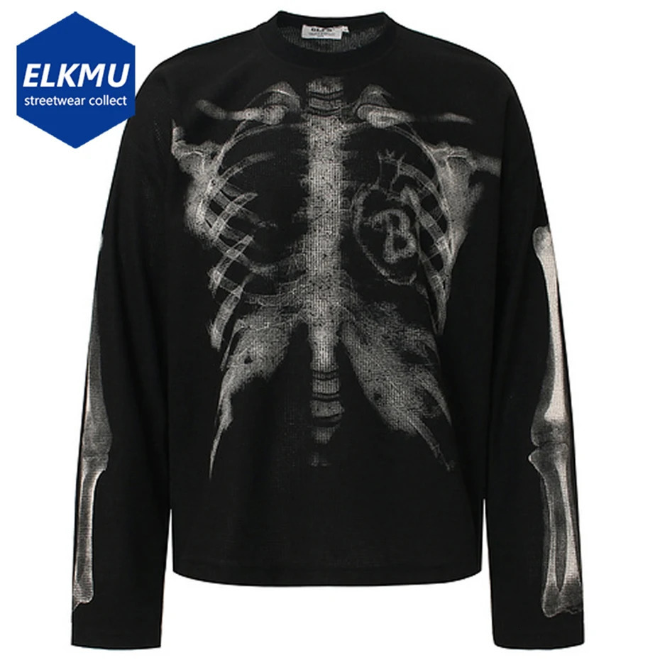 Skeleton Graphic Tshirts Men Streetwear Harajuku Hip Hop Oversized T Shirts Long Sleeve Tee Tops Black Beige 251028