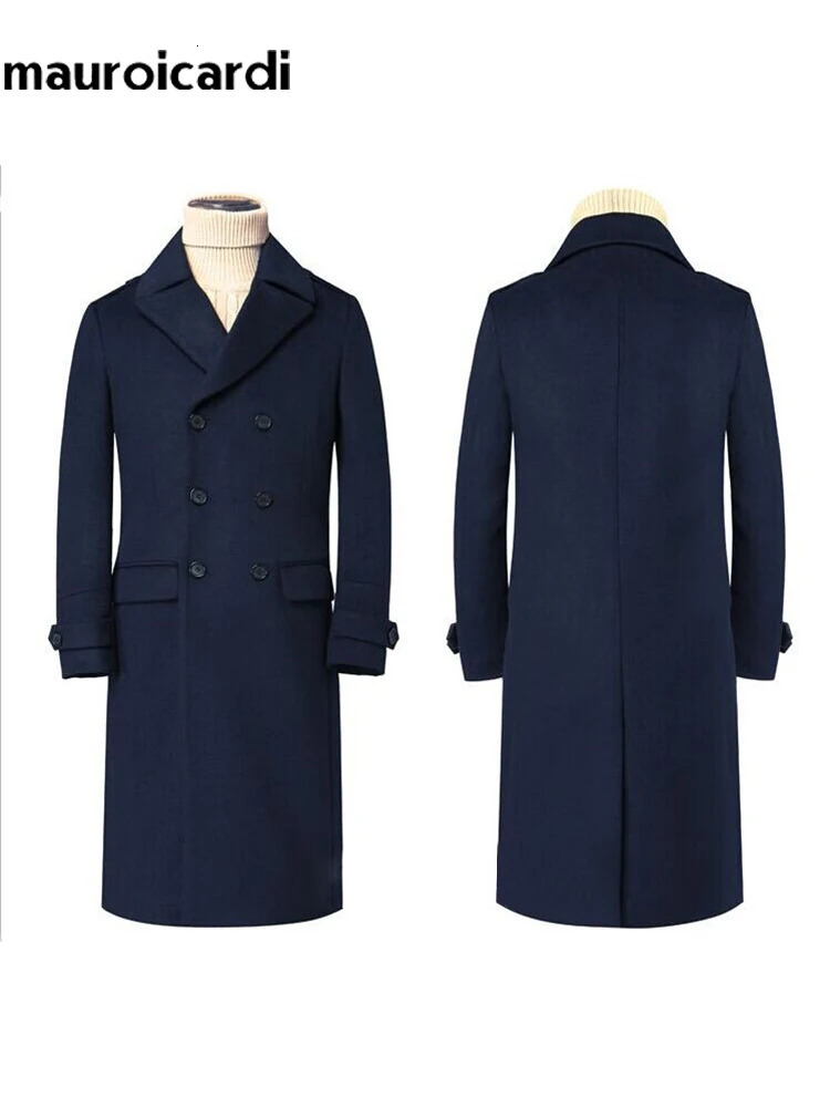 Mauroicardi Autumn Winter Long Warm Smart Casual Navy Blue Black Woolen Coat Men Double Breasted Wool Blends Overcoat 251029
