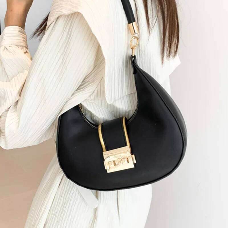 Women's Fashion Solid Color Shoulder Bag Lightweight PU with Comfortable Handheld Metal Buckle Sleek Handbag for Daily Use