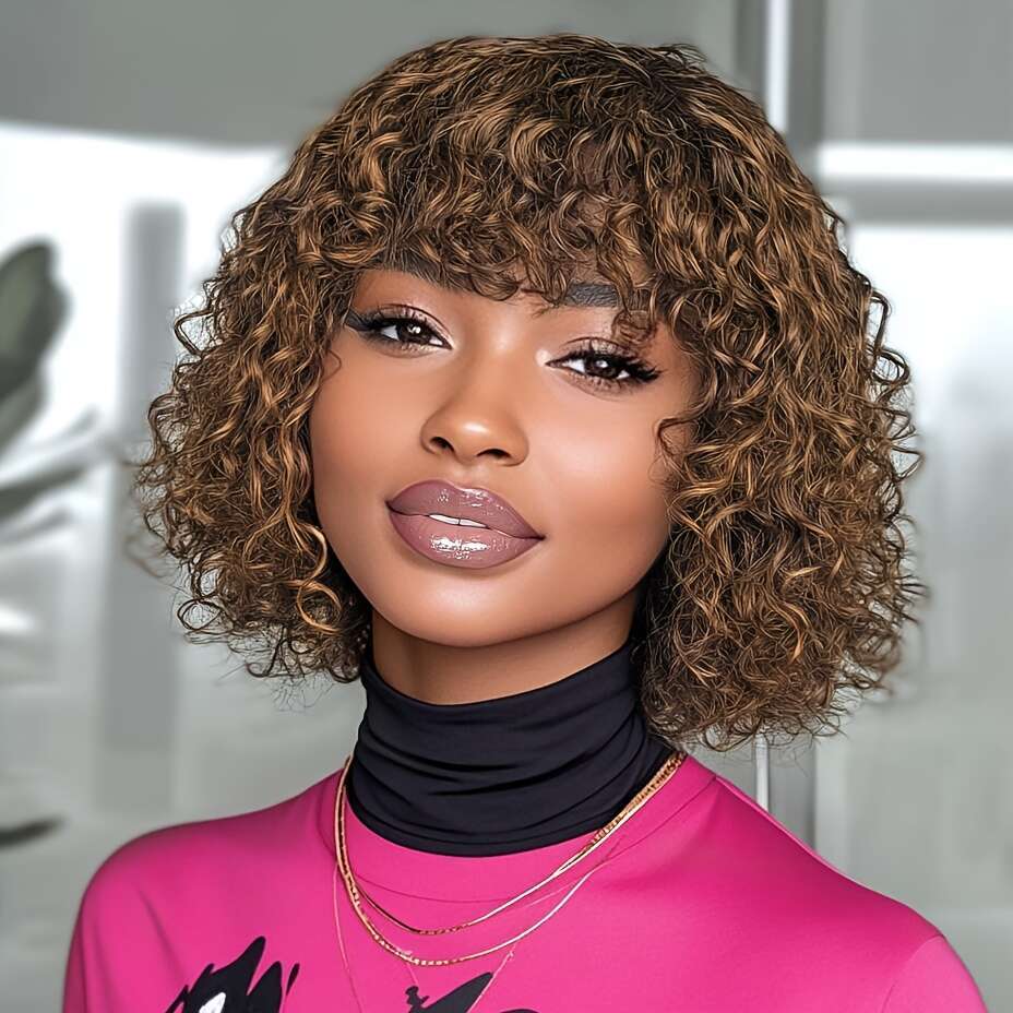 Lekker Brazilian Remy Human Hair Wig - Short Pixie Cut Bob With Bangs, Curly Wave Texture, Natural Black To Blonde Ombre Highlights P4/30/27, Density,