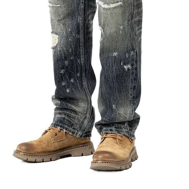 Retro jeans mens highend ripped and scraped patch design heavyweight washed nostalgic straight leg pants J251030