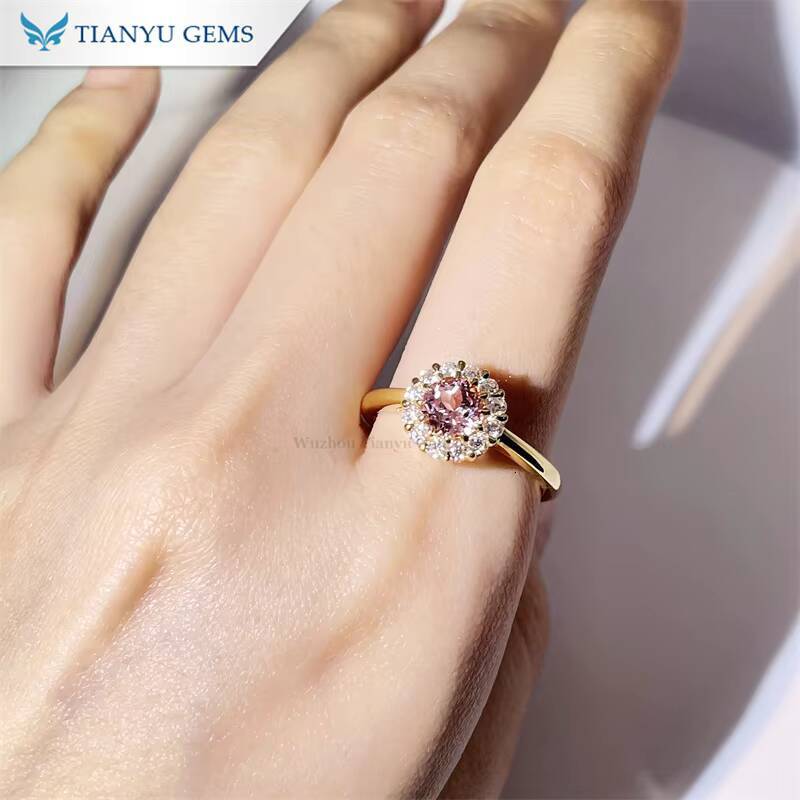 Tianyu Gems Flower Design 10k 14k 18k 22k Round Pink Lab Sapphire and Moissanite halo Women Custom Rings Solid Gold Jewelry