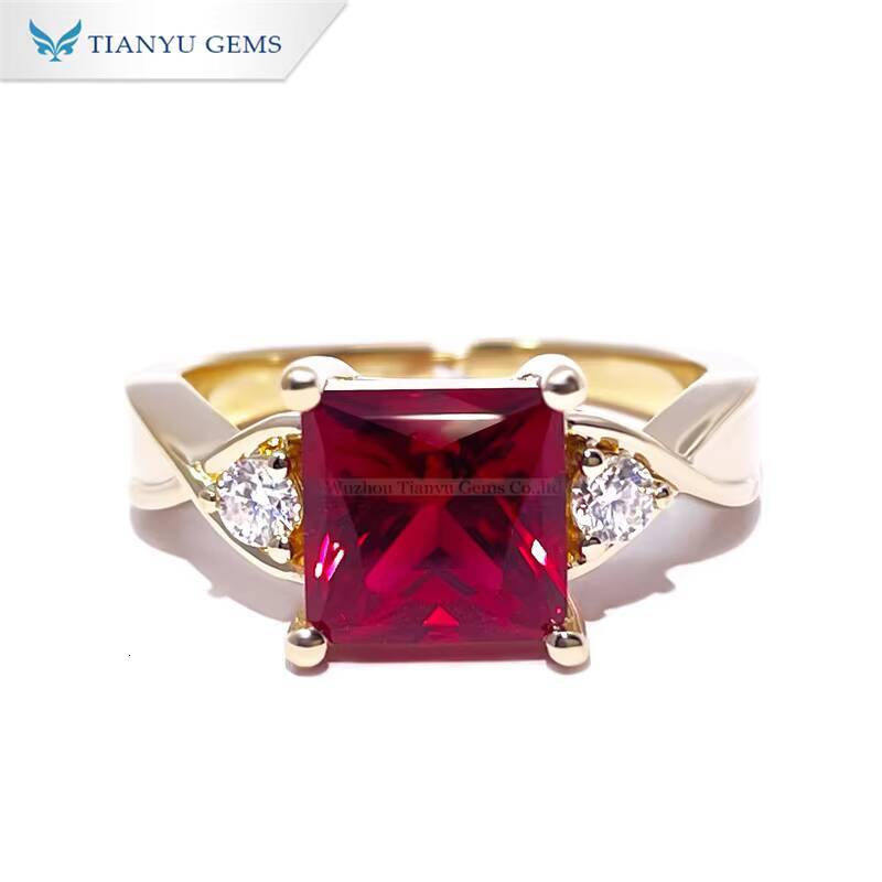 Tianyu Gems Womens Fine Jewelry Princess Cut Moissanite Synthetic Ruby Stone Colorless with Gold for Engagement and Wedding
