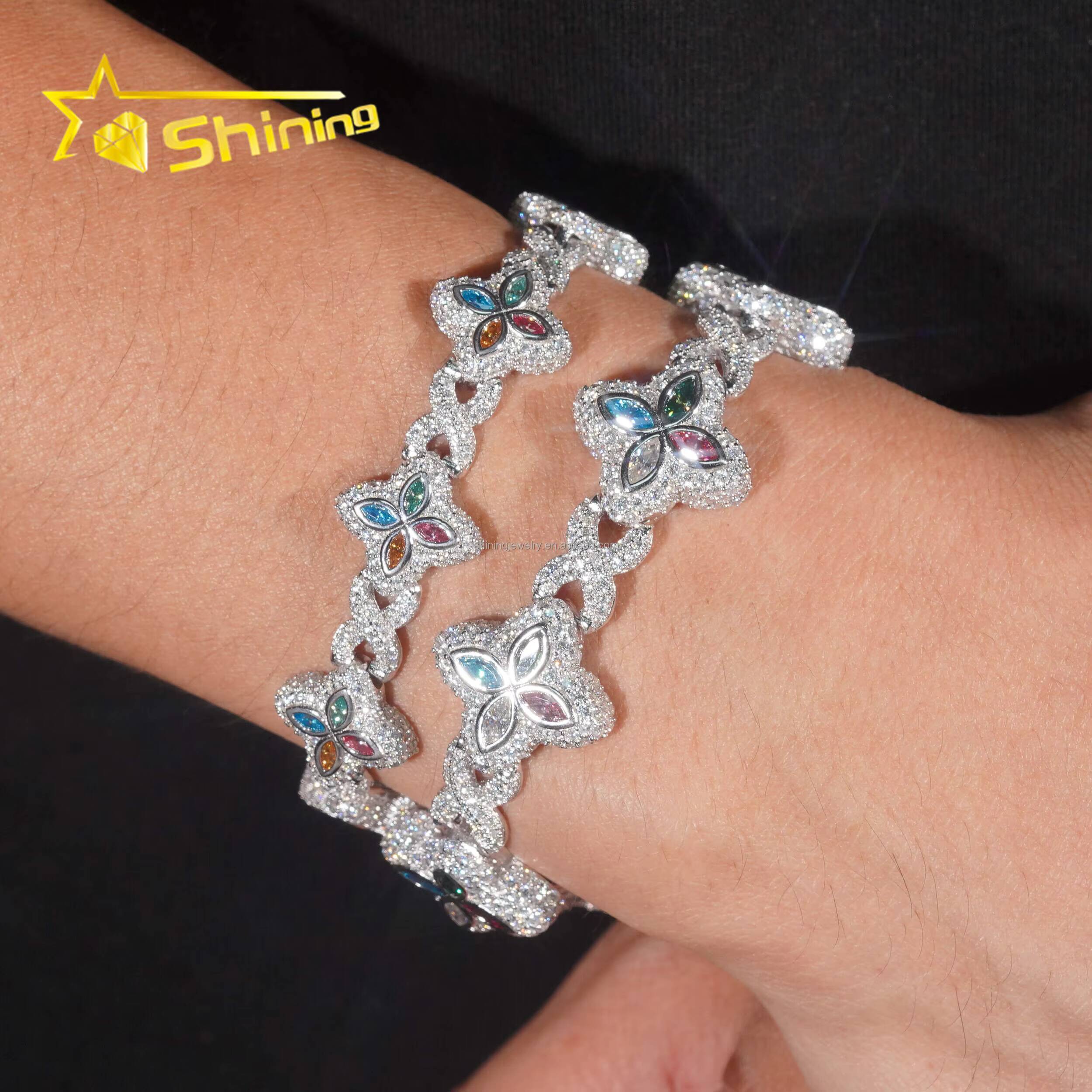 Unique Design Luxury Jewelry Hot Selling Hip Hop Mulit Color Marquise Moissanite Iced Out S925 Silver Cuban Clover Bracelet Men