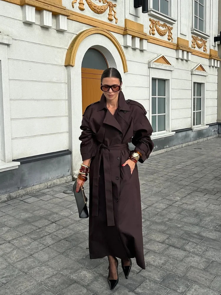 Fashion Lace Up Trench Coat Women Solid Lapel Long Sleeve Double Breasted Loose Windbreaker Lady Autumn Commute Street Outerwear 251029