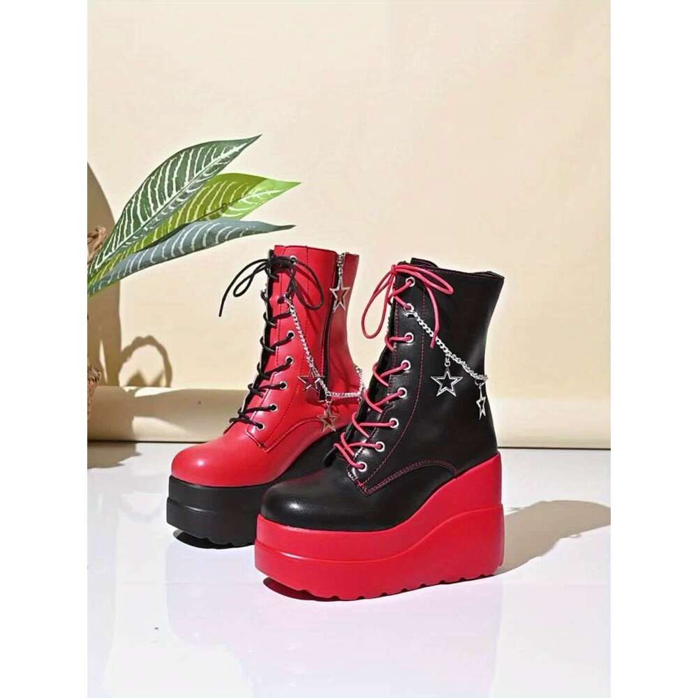 Women's Gothic Punk High - Red & Black Lace-Up With Chain Dangling Decor, All-Season Performance Short Boots, Casual Platform Heel | Laceup Boots