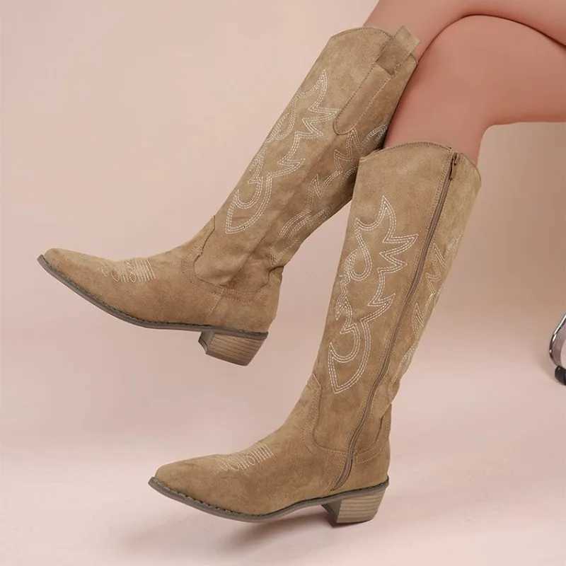 Embroidered Western Cowboy Boots for Women Autumn Pointed Toe Thick Heel High Knee Boots Woman Loose PU Leather Long Botas Mujer Z251029