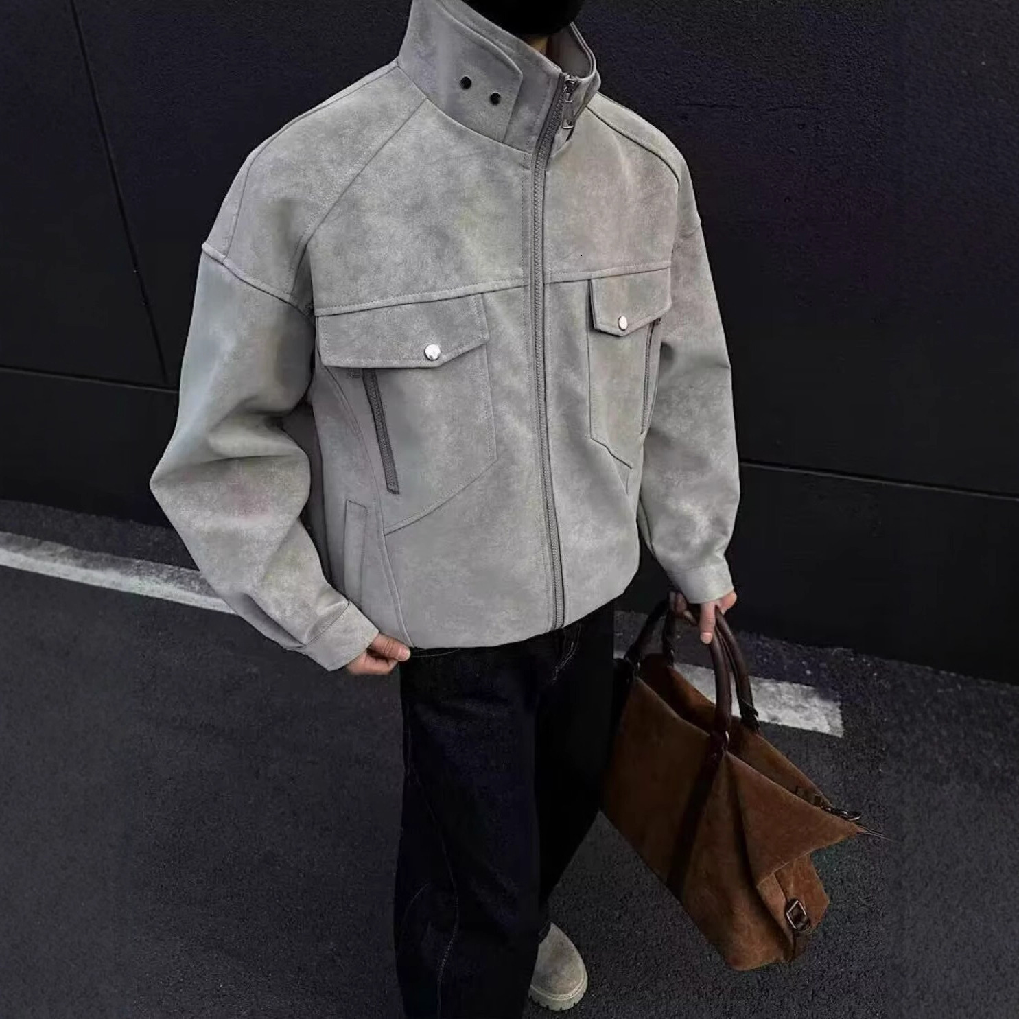 Pishi Designer Jacket American Style PU Leather Jacket For Men Trendy Brand Stand Collar Jacket Loose Fit Zipper Coat For Autumn High-end Feel Top