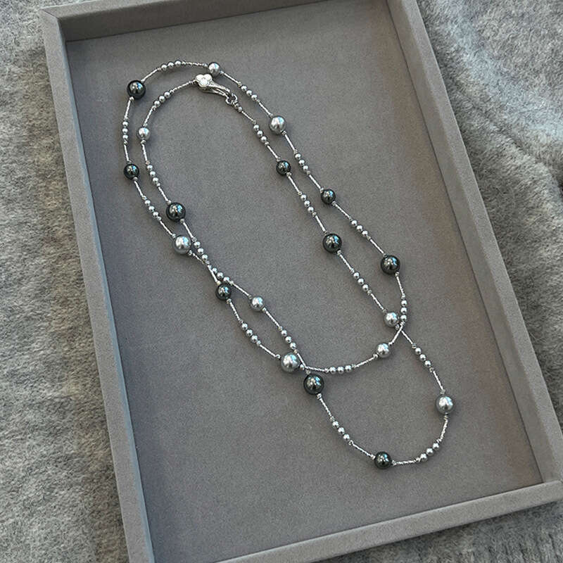 Mother-of-Pearl Ruyi Buckle Starry Sky Genuine Hemp Gray Shijia Pearl Necklace Fashionable Temperament Internet Celebrity Long Sweater Chain