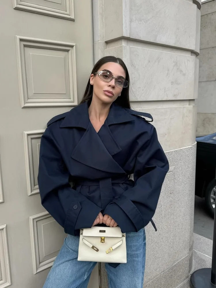 Cropped Laceup Blue Casual Trench Coat Women Lapel Long Sleeve Wide Shoulder Windbreaker Jacket Fall Commute Daily Streetwear 251030