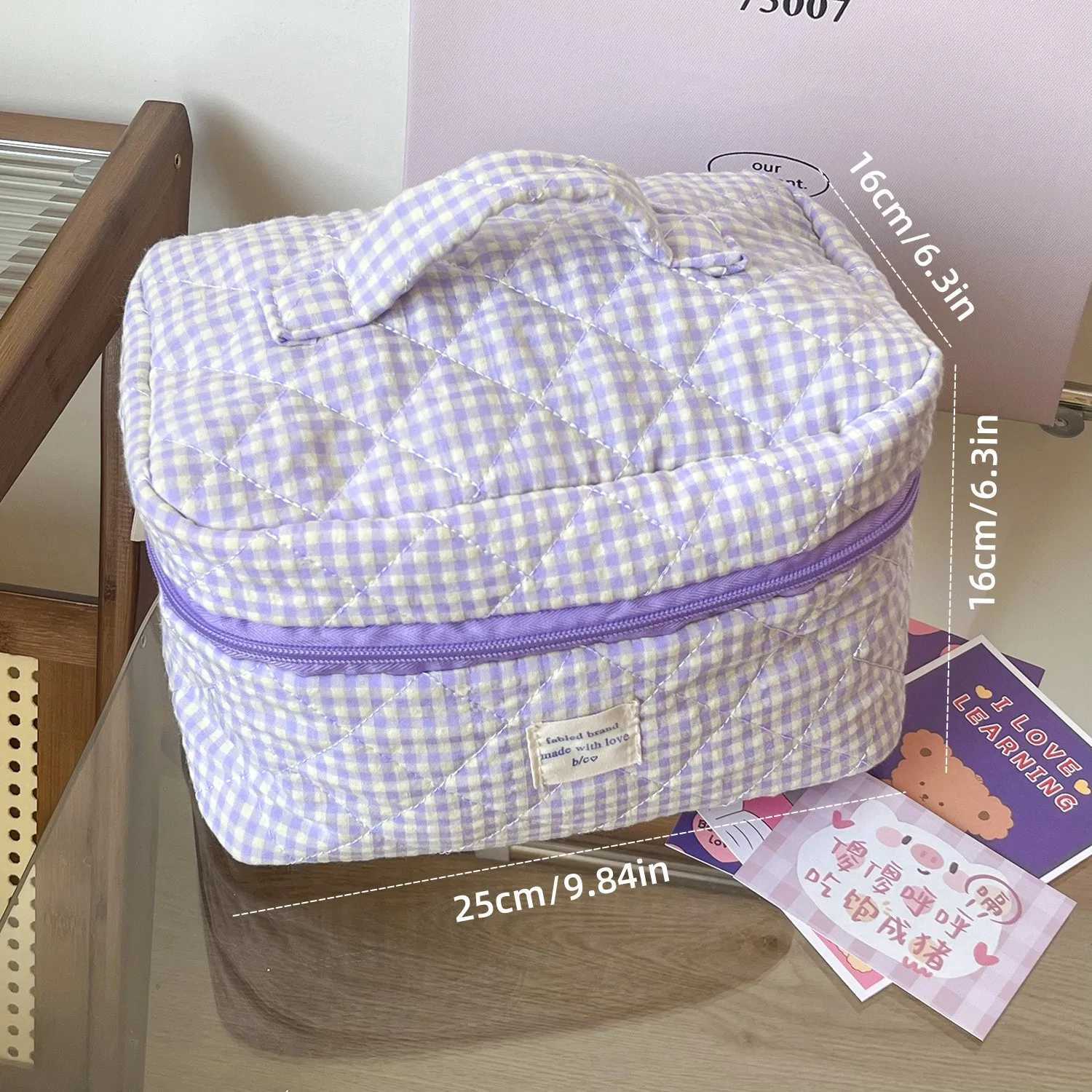 Women Large Capacity Cotton Makeup Bag Portable Travel Toiletry Bag Checkered Cosmetic Bag Girls Skincare Brushes Storage Bag J251115