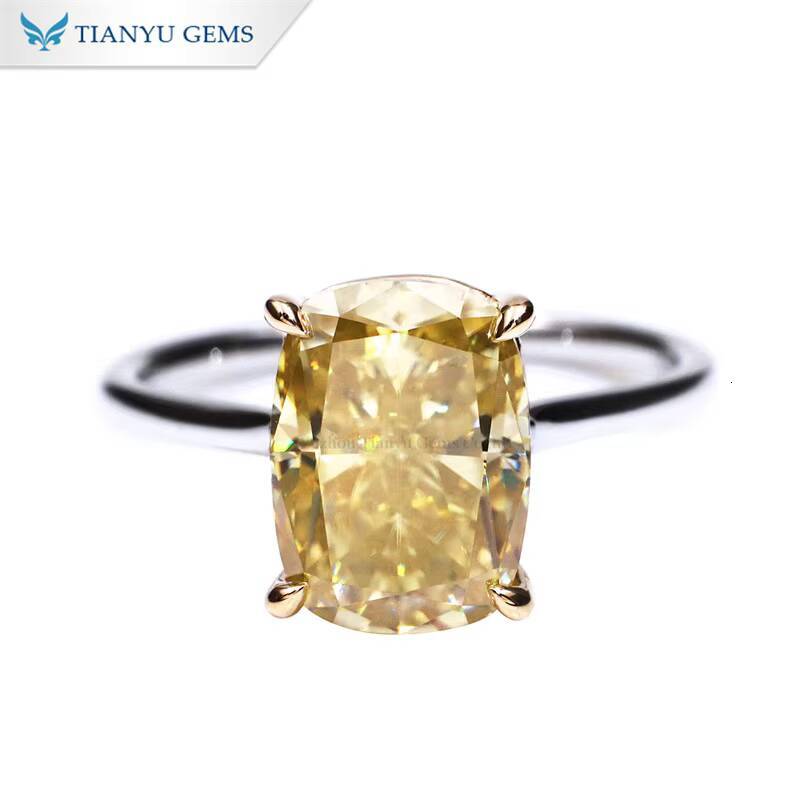 Tianyu Gems New Design 811mm Crushed Ice Cut Vivid Yellow Moissanite 10k Solid Gold Solitaire Ring for Women Engagement