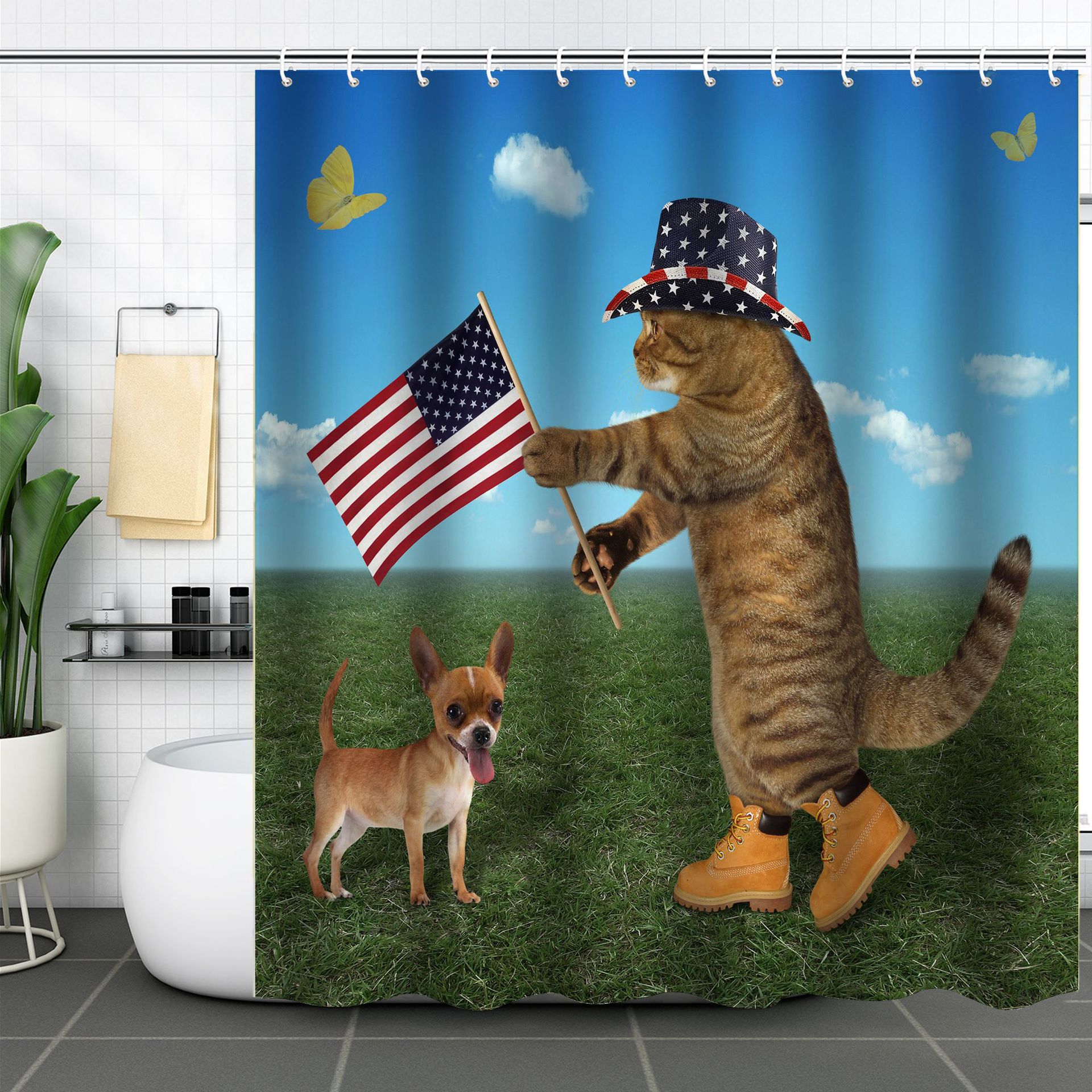 YL-37628 Popular 3D Digital Shower Curtain with Kitty Shower Design, Bathroom Dry and Wet Separation, Polyester with Hooks