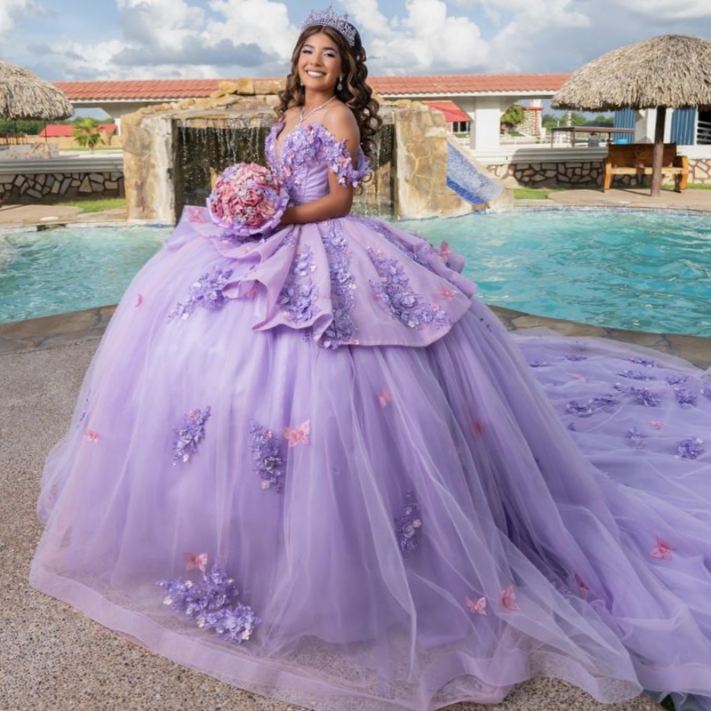 Lavender Shiny Quinceanera Dresses Off The Shoulder Applique Flower Bow Beading Tull Party Birthday Sweet 16 Dress Vestidos 15 Anos