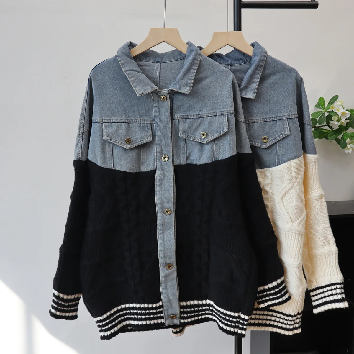 Women Denim Knitted Cardigan Sweater Spliced Jumper Turn Down Collar Long Sleeve Single Breasted Loose Casual 2025 Autumn Winter 251029