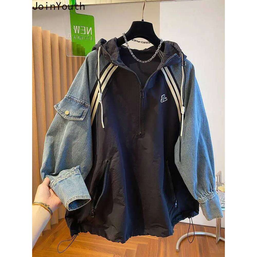 Oversized Sweatshirts For Women Patchwork Denim Streetwear Y2k Tops 2025 Ropa Mujer Hooded Contrast Color Vintage Hoodies