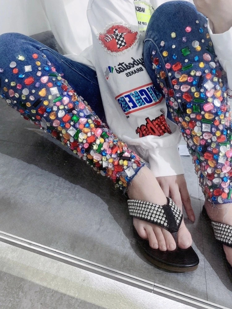 Women Street High Waist Jeans Autumn Heavy Industry n Color Diamond Comfortable Cotton Stretch Skinny Denim Pants 251029