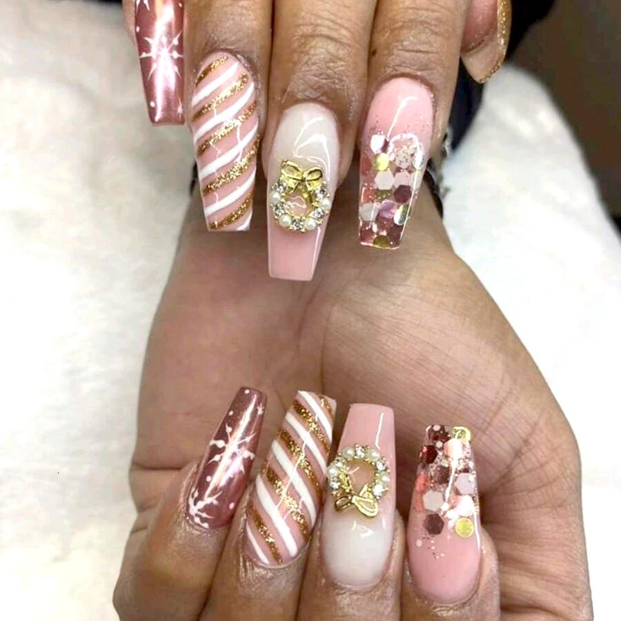 10Pcs 3D Metal Gold Silver Christmas Wreath Bowknot Rhinestone Pearl Nail Art DecorationsJewelry Charms DIY Accessoires Supplies 251027