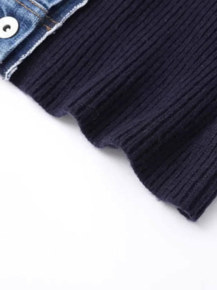 2025 Autumn Jean Patchwork Women Cardigan Sexy Contrast Color Sweet Knitted Top Long Sleeve Chic Fashion Jumpers Sueter 251029