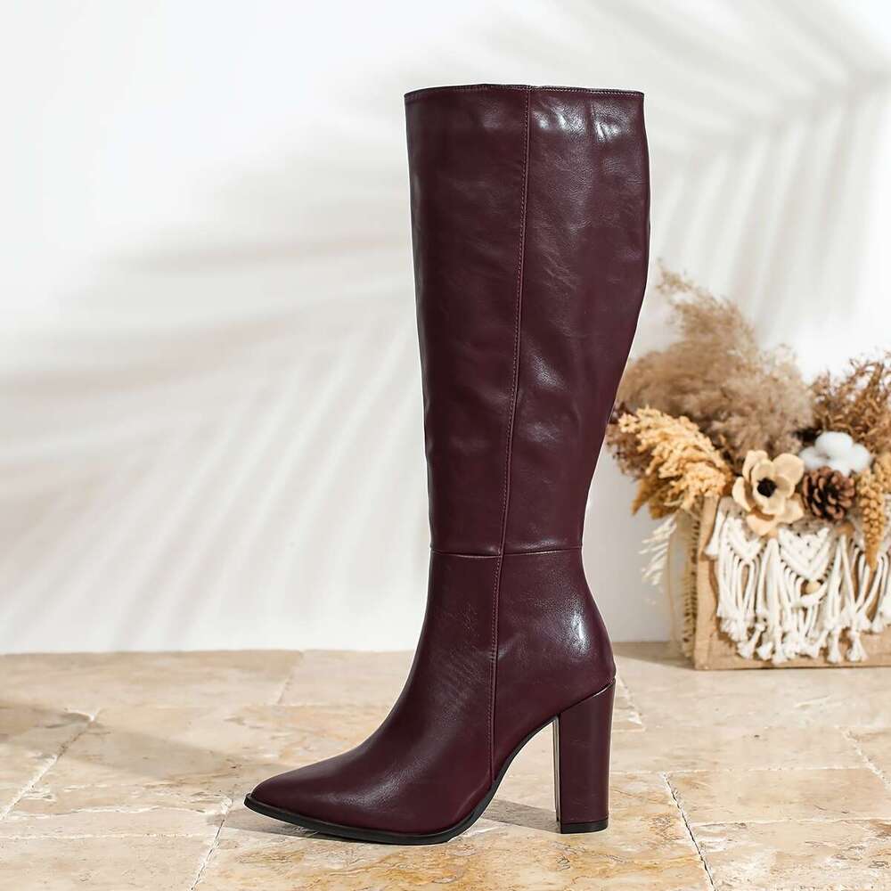 Women's Elegant Pointed Toe High-Heel Full-Length Thick Block Heel 0-10+, Full-Zipper Closure, All-Season Faux Dress Boots For Weddings, Parties 