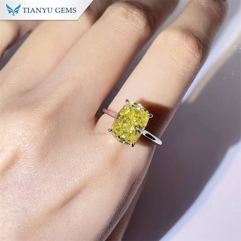 Tianyu Gems New Design 811mm Crushed Ice Cut Vivid Yellow Moissanite 10k Solid Gold Solitaire Ring for Women Engagement