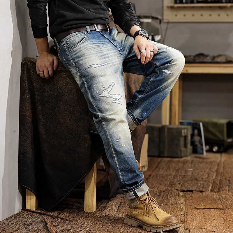 JXN110 Highend red ear denim ripped jeans mens new Slim straight stretch tapered small feet trousers J251030