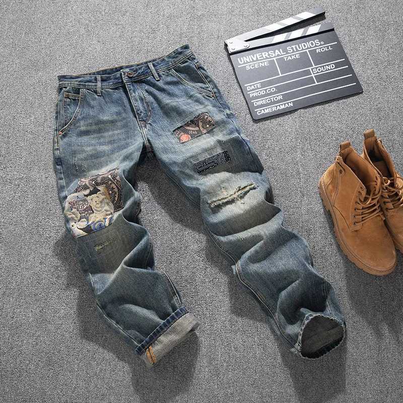 Spring and summer trendy loose straight tube retro jeans for men with ripped holes patch splicing and patchwork denim pants J251030