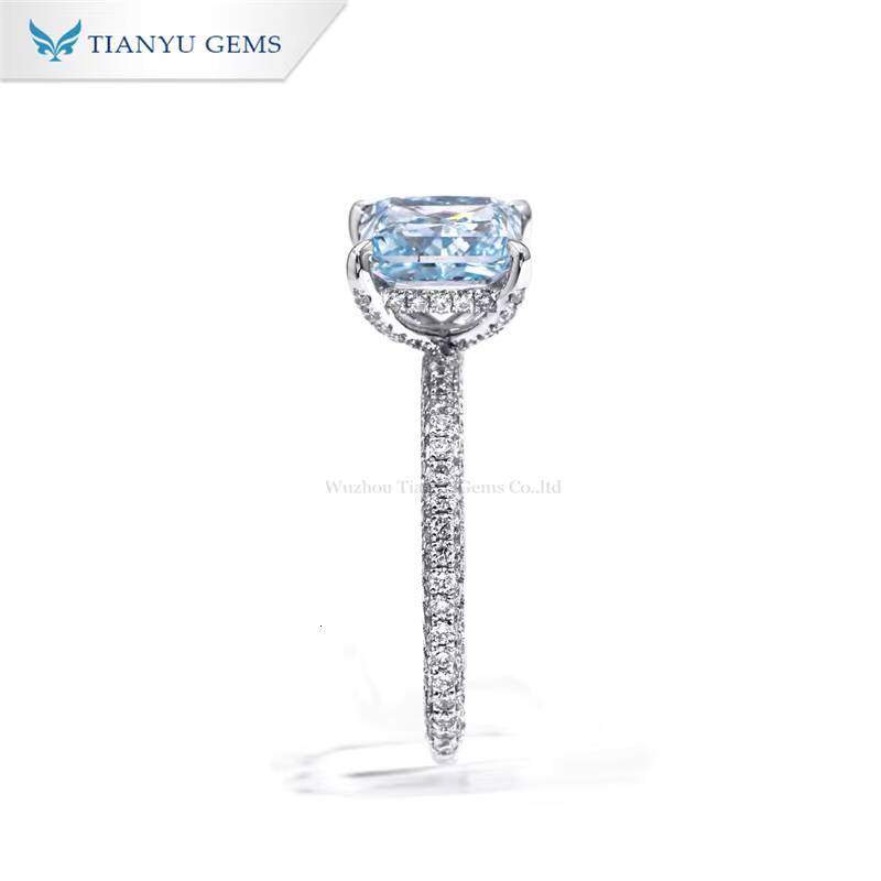 Tianyu Gems Princess Cut 118ct VVS2 Fancy Intense Blue Lab Diamond Ring 18k Solid White Gold 3 Row Pave Diamond Band Ring Women