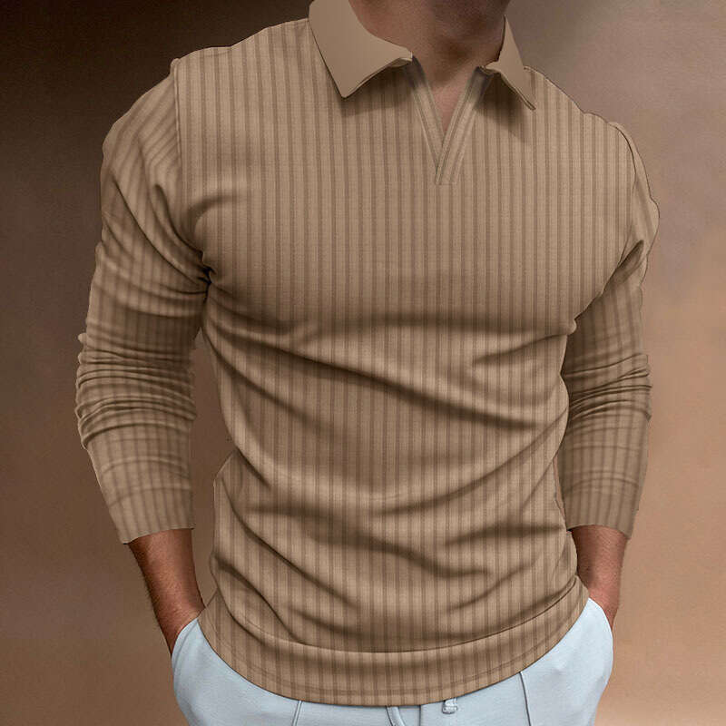 Men's Autumn Sports Fitness Casual Stand Collar Stretch Vertical Stripe Long Sleeve V-Neck Polo