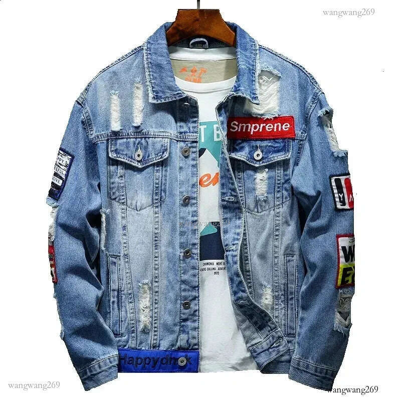 Denim Jacket Men Women Hip Hop Streetwear Punk Motorcycle Ripped Print Cowboy Outwear High Quality Casual Hole Male Jeans Coat 240826