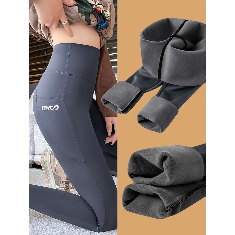 High-Waist Fleece-Lined Yoga Pants with Pockets - Butt Lifting, Tummy Control, Slimming Cropped Leggings Women, Black, Stretchy Polyester Activewear f