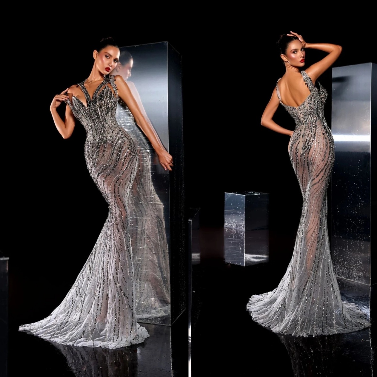 Elegant Beaded Lace Evening Dresses Illusion Sleeveless Sequins Mermaid Prom Dress Customized Floor Length Party Gown