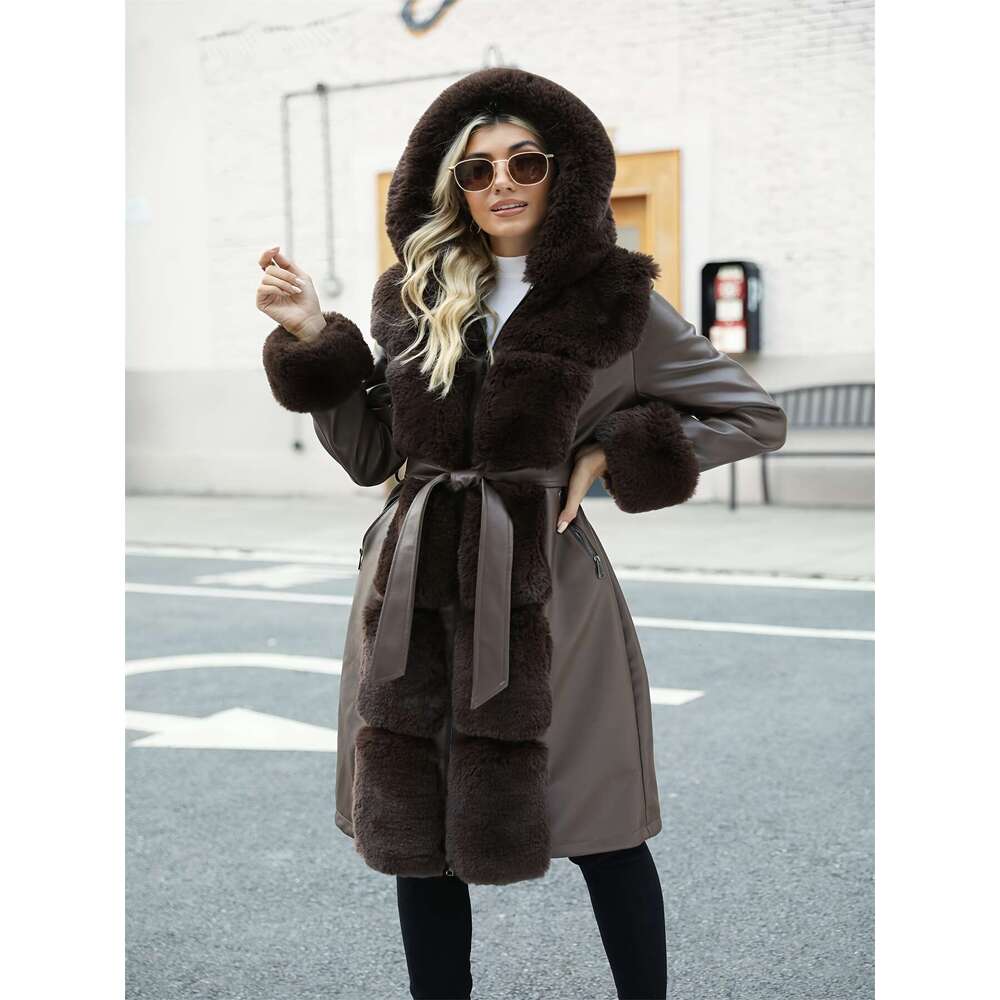 Elegant Fur Coat Warm Brown Women S Elegant Faux Fur Trimmed PU Leather Hooded Coat Long Winter Jacket With Belt Casual Fall Winter Outerwear