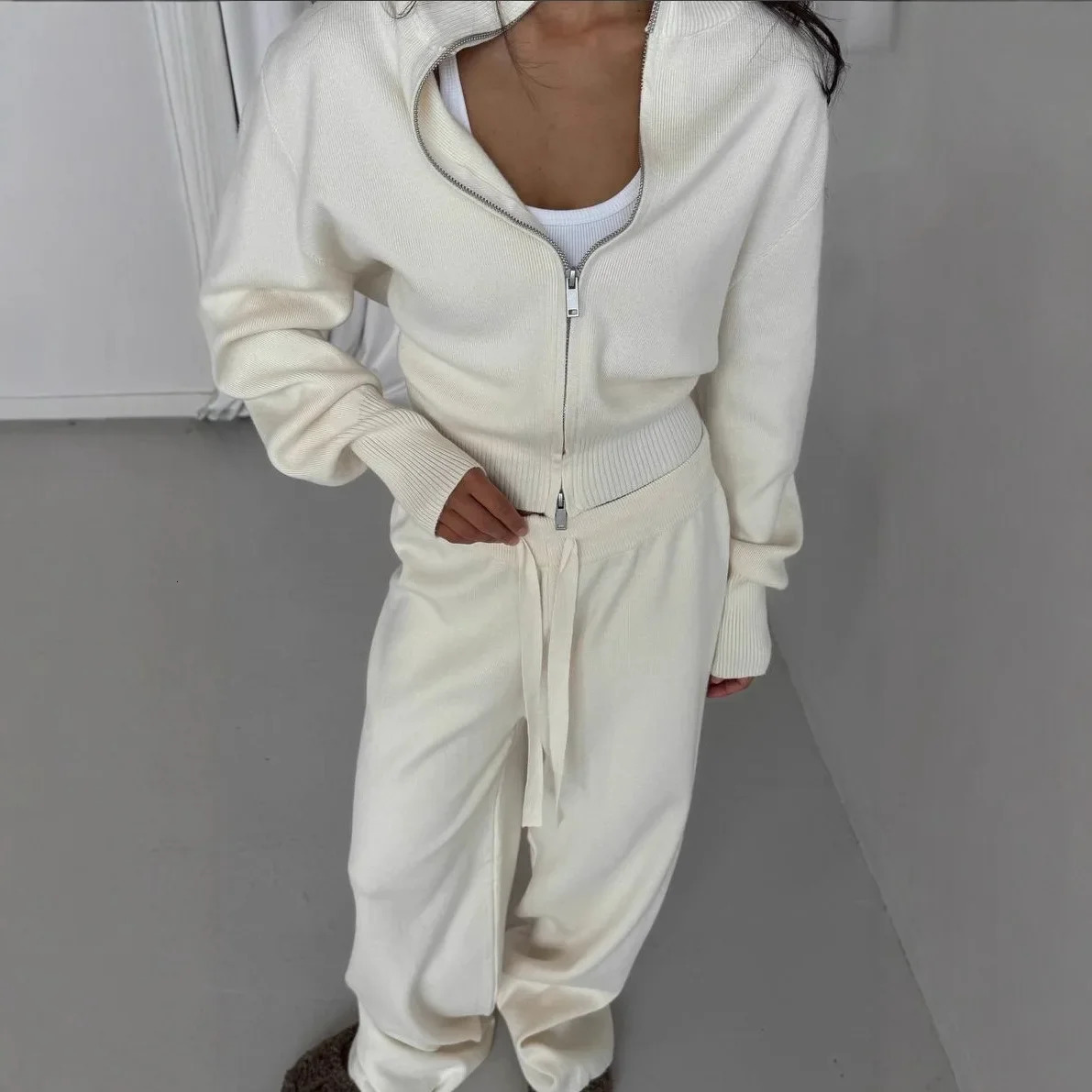 Women Cotton Knitted Cardigan Wide Leg Pants Suit Autumn and Winter Lady Fashion Loose Daily Office Jacket Straight Pants 2Pcs 251028