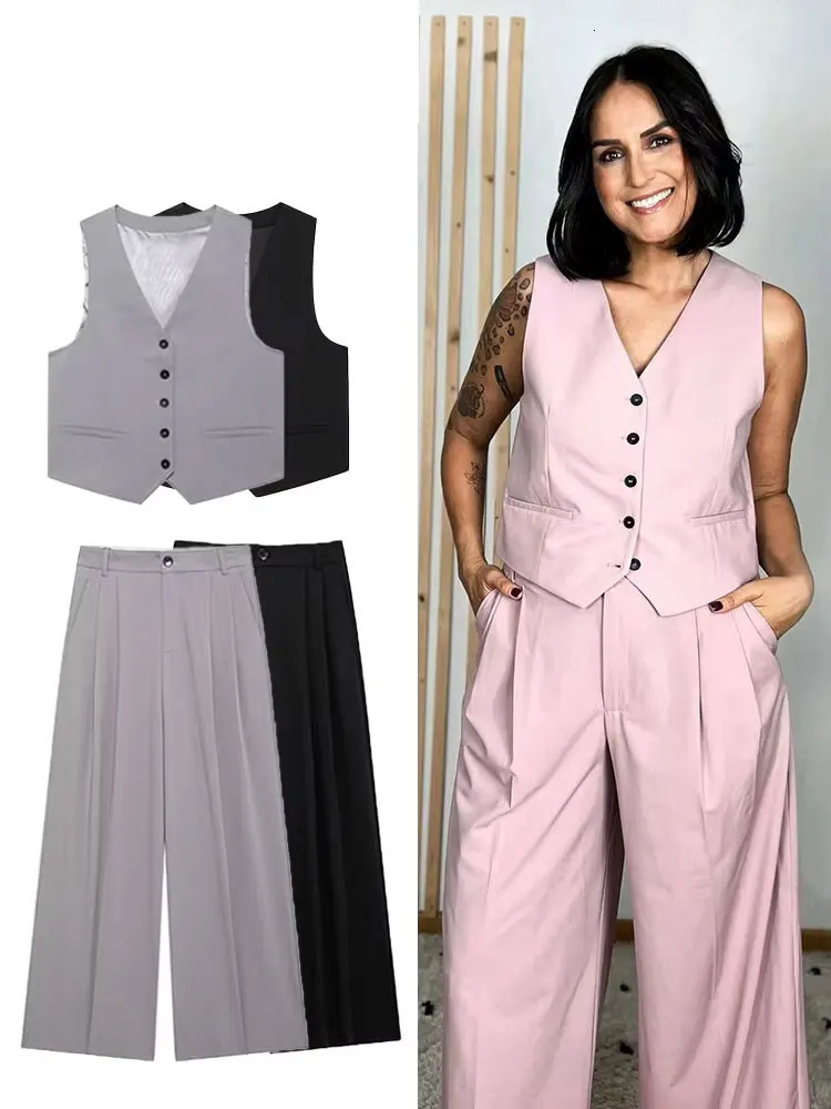 HH Autumn Womens Elegant Solid Pants Set Sleeveless VNeck Single Breasted VestHigh Waist Straight Pants Fashion Suit 251029